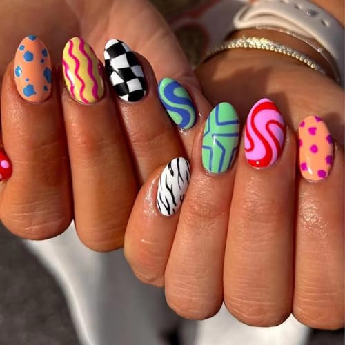 Irikdescia 24 Stück Bunte Mandelförmige Press On Nails, Glänzende Vielseitige Nägel Zum Aufkleben, Hochwertige Geometrische Fake Nails Für Frauen Und Mädchen