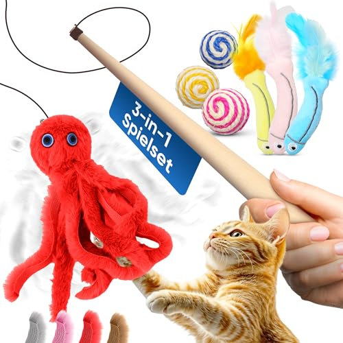 Premium Holz Katzenangel Octopus Kraken Spielzeug Sisalball und Fisch zum Stressabbau Ausgelassenheit Geschenkverpackung Robustes Katzenspielzeug 3in1 Set zur Unterhaltung von Katzen Katze Kater