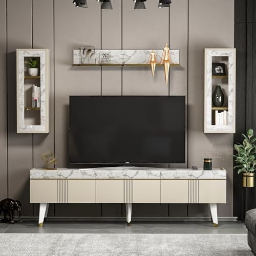 Homidea KARYA Wohnwand – Wohnzimmer TV Set – TV Schrank – TV Lowboard – Fernsehtisch - TV Möbel mit 3 Türen in modernem Design (Beige/Marmor)