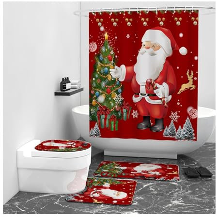 Yingbei Set di tende da doccia per la notte di Natale, con tappeti e tappetino da bagno, pupazzi di neve, alberi di Natale, include gancio superiore con 12 ganci per appenderlo facilmente, divertente