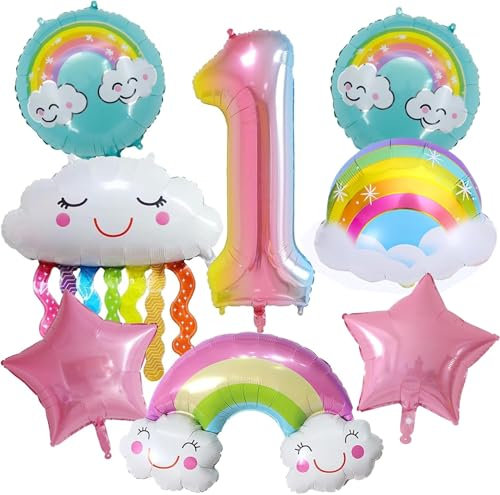 Luftballon Regenbogen Deko 1. Geburtstag Mädchen,8 Stück Geburtstagsdeko 1 Jahre Mädchen,mit Regenbogen-Rosa-Stern-Pastell-Rundballons,Mädchen Geburtstagsdeko Regenbogen