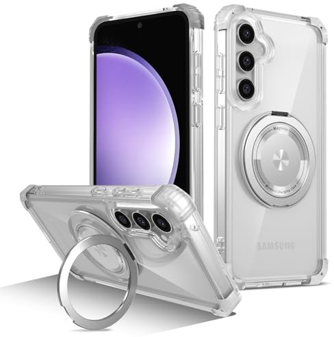 Kainevy for Samsung S24 FE Case Clear Compatible with MagSafe with Stand Metal Ring Holder Phone Cover Samsung Galaxy S24 FE Case Slim Magnetic Hard, 8X Mil-Grade Shockproof Protective (Clear)