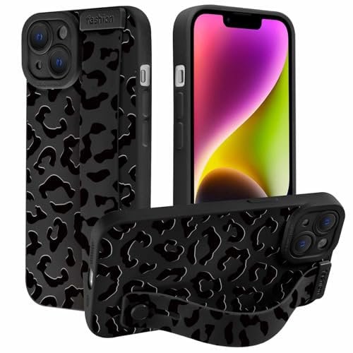 Foonary Black Leopard Phone Case for iPhone 14 6.1 with Wrist Strap Stand,Cute Cheetah Aesthetic Patterns Cases, Hand Holder Protective Cover for Women Girls with Finger Grip,for iPhone 14