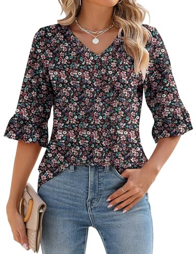 IECCP Womens Summer Tops,3/4 Blouse for Ladies Going Out Tops for Women UK Plus Size Floral Printed Summer Blouse Fashion T Shirts Floral Black Pink XL