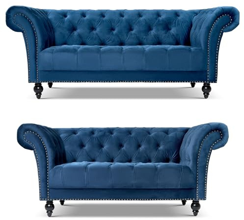 Bravich Chesterfield Blue Velvet 2 and 3 Seater Sofa Set for Living Room, Classic Button Back Settee with Rolled Arms, Solid Wood Frame, 2 Piece Collection