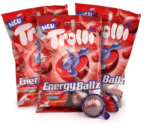 Trolli Energy Ballz 3er Pack (225g) – Schaumzuckerbonbons mit Taurin & Koffein – 3x 4 Energy Drops – Der Extra-Kick für Zwischendurch – Die perfekte Kombination aus Power und Süßigkeiten naschen