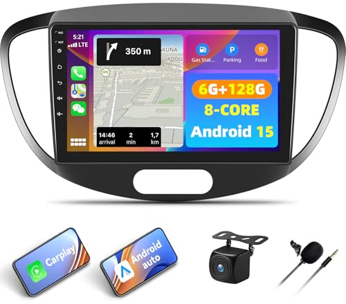 5GWIFI 6G+128G 8Core CAMECHO Autoradio für Hyundai i10 2007-2013 Carplay | 9 Zoll Android 15 Auto Bildschirm mit Carplay Android Auto Mirror Link GPS WiFi Bluetooth FM/RDS SWC + AHD Rückfahrkamera&MIC