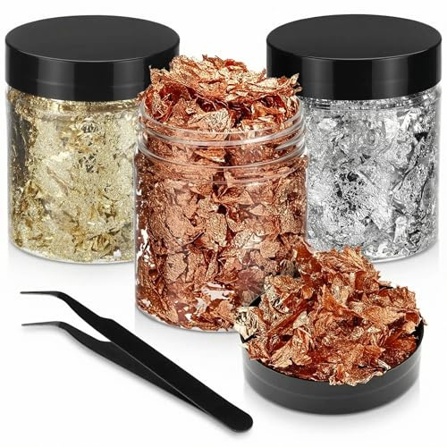 QWORK® 30g Goldfolie Flocken Set - 3 Flaschen (Gold, Silber, Kupfer) à 10g mit Pinzette für DIY Basteln & Kunst - Perfekt für Möbelverzierung, Malerei, Schmuckherstellung