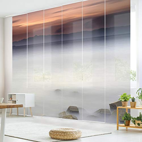 micasia Schiebegardine halbtransparent 60er Paneel Klett Natur Textil lichtdurchlässig - Sonnenuntergang Modern Flächenvorhang grau Wohnzimmer Schlafzimmer 2024 (360x250 cm - 6er Set)