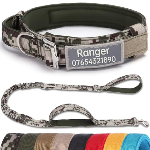 SEOUGEE Tactical Dog Collar Personalised with Handle and Leash Set, Soft Padded Dog Collars with Custom Reflective Name Patch, Pet Collars with Portable Buckle for Medium Large Dogs (Camo Set, XL)