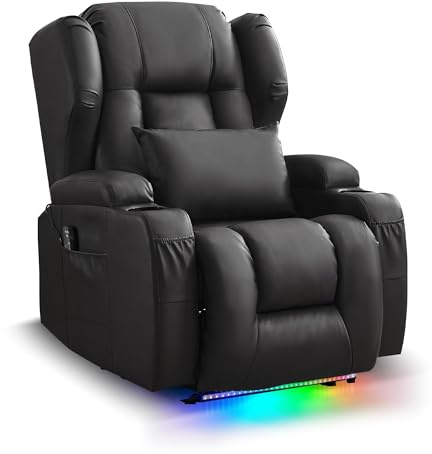 LIFTSHA Elektrischer Relaxsessel mit Liegefunktion, TV Sessel mit Heizung & Vibrierende Massage, Lederimitat Heimkinositze mit LED Streifen für Wohnzimmer, USB-Anschl¨¹sse, bis 150 kg (Schwarz)