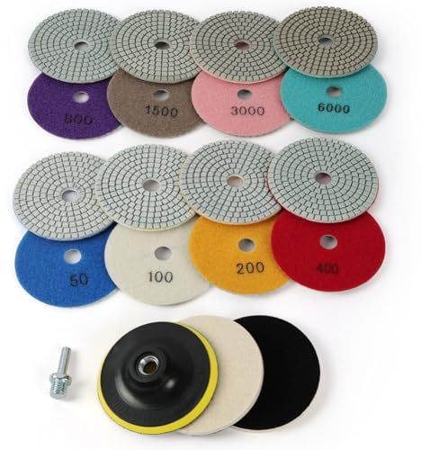 URAQT 11 Stück Nass Diamant Schleifscheibe Polierset für Granit Stein Beton Marmor, 100mm Diamant Schleifpads mit 2 Wollpads & M14 Polierpads, Gemischt Körnung 50#-6000# für Polierer & Winkelschleifer