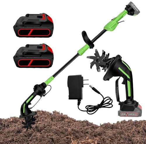 2-IN-1 Akku Gartenfräse, 21V Bodenhacke Elektrisch mit 2 Akkus 3000mAh, 4 Metallmesser und 1,3M Handgriff, 235 U/min Drehzahl, 10cm Arbeitsbreite 10cm Arbeitstiefe für Lockern, Jäten und Belüften