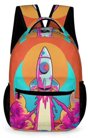 WECECE Rucksack Weltraum Schiff Kinder 7-11 Jahre Schulrucksack Weltraum Rakete Klasse 2-6 für Bücher Kinderrucksack 43x32x15 cm für Reise Alltag Bücher Hefte