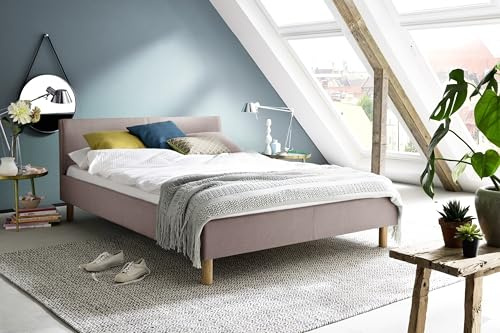 möbelando Polsterbett Lena 120x200 cm – Altrosa Stoffbezug mit gepolstertem Kopfteil & Eiche-Massivholzfüßen – Modernes Gästebett für Jugend- & Gästezimmer