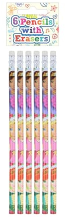HENBRANDT 6 x Children’s Princess Pencils with Erasers Kids Stationery Eraser Tip HB Pencils School Classroom Gift Birthday Xmas Party Favour Loot Bag Filler for Girls and Boys