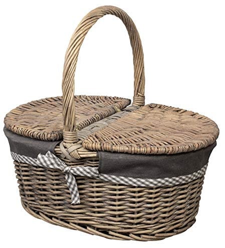 Woodluv Oval Antique Wash Willow Wicker Picnic Hamper Shopping Storage Basket W/Handle - 39.5cm x 30cm x 37.5(H) cm