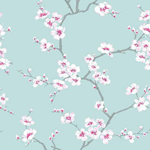 Fresco Apple Blossom Floral Teal Wallpaper