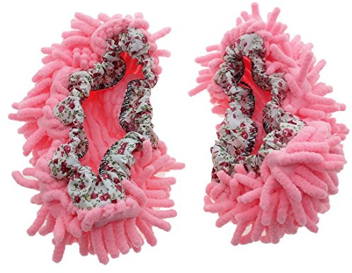 Microfiber Chenille Elastic Cuff Floor House Cleaning Mop Slippers Shoes Pair (Pink)