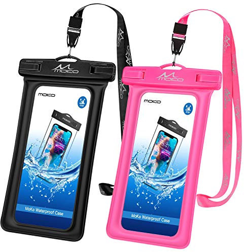 MoKo Floating Waterproof Phone Pouch 2Pack, Floatable Phone Case Dry Bag with Lanyard Compatible with iPhone 14 13 12 11 Pro Max X/Xr/Xs, SE 3/2, Galaxy S22/S21/20, Note 20/10, HUAWEI P50, Black+Pink
