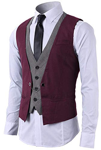 STTLZMC Gilet Uomo Slim Fit Elegante Casual Smanicato Scollo a V Panciotto Matrimonio Corpetto 2in1 Blazer(Niente Camicia),Vino,Small
