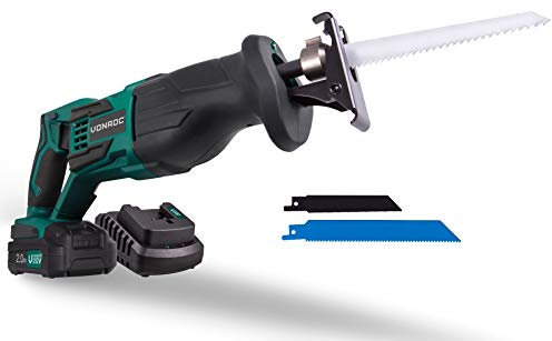VONROC Säbelsäge Universalsäge Akku 20V - Elektro Fuchschwanz für Metall und Holz - Hublänge 22mm, mit 2Ah Akku und Ladegerät - inkl. 2 Sägeblätter