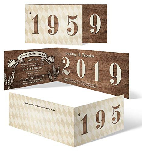 10 x Individuelle 60. Geburtstag Einladungskarten Klappkarten DIN Lang (210x98mm) - Bayerisches Holz
