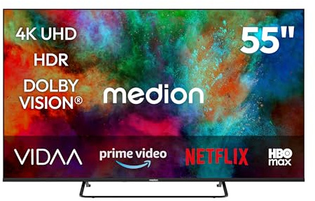 MEDION 138.8 cm 55 TV Ultra HD Smart TV Dolby Vision HDR Dolby Atmos VIDA Store Prime Video Disney+ DAZN HbbTV PVR Bluetooth HD+, MD855302