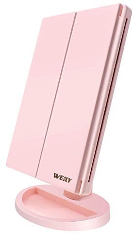 WEILY Specchio per il trucco illuminato con illuminazione 1x / 2x / 3x Trifold con touch screen a 36 luci LED e ricarica USB, supporto regolabile a 180 gradi per specchio cosmetico da appoggio (Rosa)