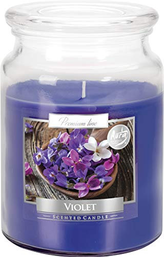 Große violette Blume Kerze mit Deckel, großem Glas, intensiver Farbe und Duft, die 100 Stunden brennt