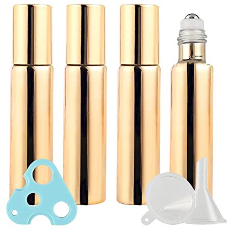 ZEOABSY 4 Piezas Botellas de Oro Recubrimiento-UV con Acero Inoxidable De Rodillos Bolas, 10 ml Roll-On Botellas de Vidrio para aceites Esenciales aromaterapia Fragancia 1x abrebotellas 1x Embudo