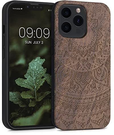 kwmobile Hülle kompatibel mit Apple iPhone 13 Pro Hülle - Holz Case - Handy Cover - TPU Handyhülle in Dunkelbraun Indische Sonne