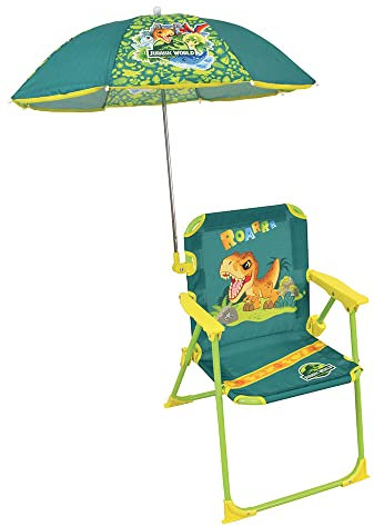 Fun House Enfant Jurassic World 713465 Camping-Klappstuhl, Dinosaurier, Maße: H 38,5 x XL, 38,5 x T 37,5 cm + Sonnenschirm Ø 65 cm, Mehrfarbig