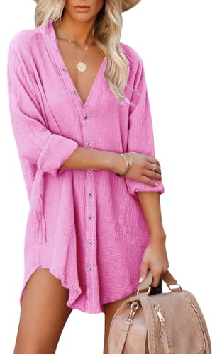 Paintcolors Camicia da donna in cotone con bottoni, abiti corti, tuniche, oversize, da spiaggia, con tasche, 3_rosa chiaro, L