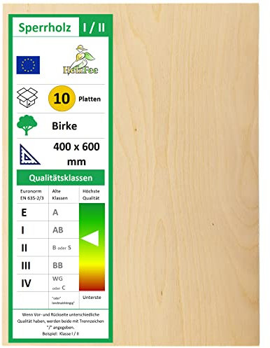 HolzFee 10 Stück Sperrholzplatte 3 mm A4 210 x 297 mm Klasse I/II Birkensperrholz