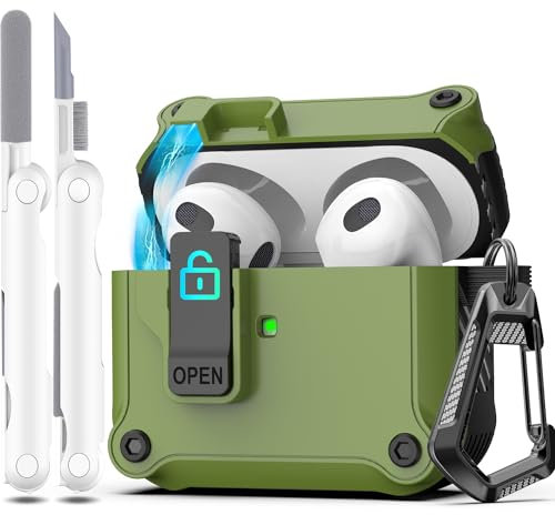 R-fun Compatible con AirPods 3ª Generación 2021 Funda de Carga, Protección Total contra caídas Auto Pop-Up Tapa Compatible con Apple Airpods 3 Gen Funda con Kit de Limpieza y Llavero,Verde Negro