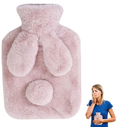 Abonda Bouillotte en lapin, bouillotte recouverte polaire, chauffe-cou et mains en PVC, housse amovible et lavable en peluche douce