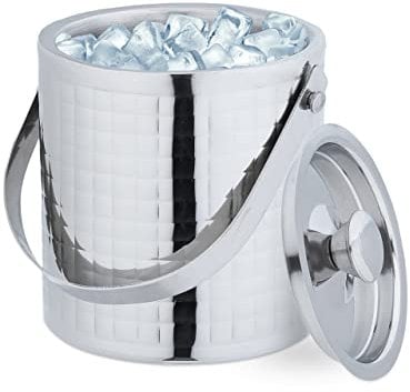 Relaxdays Eiswürfelbehälter, Edelstahl, doppelwandig, Eiseimer mit Deckel & Henkel, 1,5 Liter, Eiswürfelkühler, silber