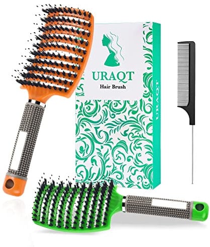 URAQT Haarbürste, Profi Entwirrungsbürste mit Griff, Haarbürste ohne Ziepen, Wildschweinborsten Haarstyling Bürste für Locken Lange Feine Dicke Lockige Haare (P-orange+grün)