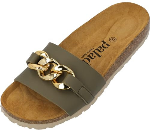 Palado Pantoletten Damen Gozo - bequeme Sandalen Made in Spain - Hausschuhe mit dämpfendem Kork-Fußbett - modische Sommerschuhe kaki grün UK9 - EU42