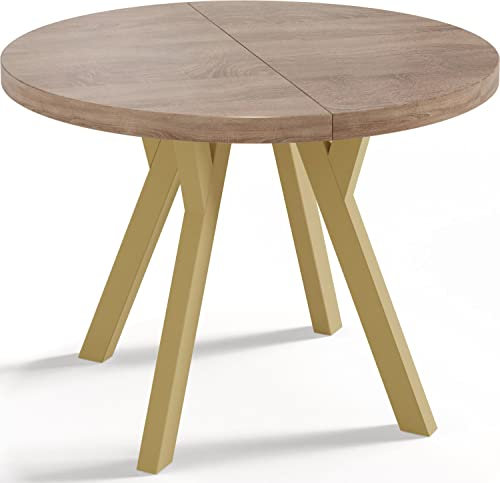 WFL GROUP Designer Runder Ausziehbarer Esstisch - Loft-Stil, Industriell, Platzsparend - Goldene Beine - 100 bis 150 cm - für 6-8 Personen - Hergestellt in EU - Sonoma Eiche - 150 cm