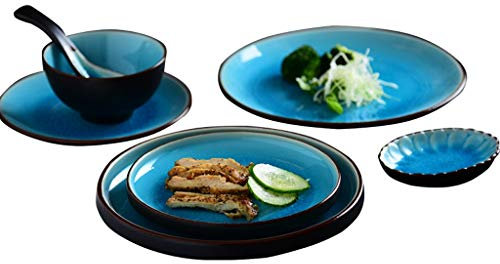 Japanische Blaue Keramik-Lebensmittelteller, Dicke Lippen, Salatschüssel, Untertasse, rechteckiger Teller, Fischteller, Geschirr-Set