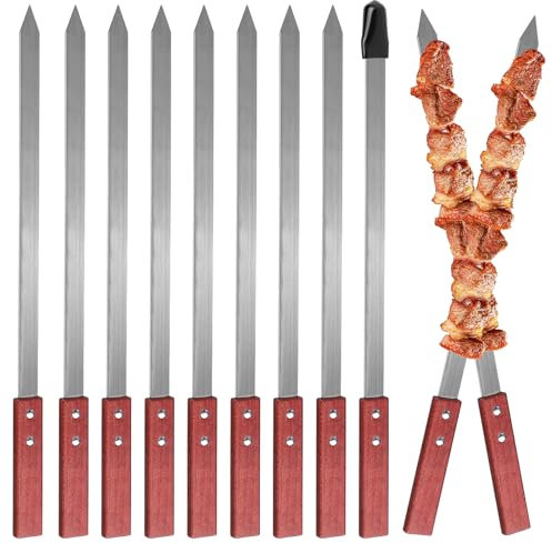 LALAGO 10 Stücke Flache Schaschlikspieße Edelstahl,59,4cm Grillspieße Grill Spieße Extra Lang,Fleischspieße Fleischgabel Metallspieße Grillzubehör für Grillstab, Grillbesteck
