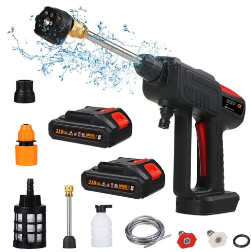 Mulcort Akku-Hochdruckreiniger, 60 Bar, 300 W, Hochleistungs-Waschmaschine mit wiederaufladbarem 6-in-1-Spray-Akku für die Bodenreinigung von Autozäunen, Bewässerung mit Werkzeugkasten