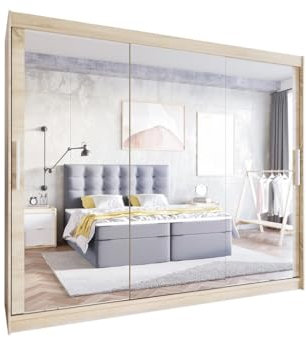 Easy4You LIII 250 cm Sonoma Schiebetüren Kleiderschrank 250x215x58 cm mit Spiegel - Schlafzimmermöbel, Aufbewahrung - Mehrzweckschrank
