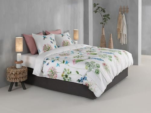 Zo!Home Mako-Satin Bettwäsche 135x200 Kolie Vögel Blumen rosa grün blau
