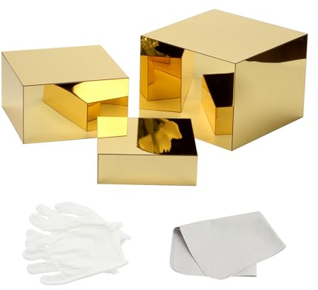 KCGANI 3-teilige stapelbare Erhöhungen – Spiegel-Gold-Acryl-Präsentationsständer für Catering, Dessert, Schmuck und Party