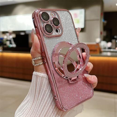 Emlivi Magnet Hülle für iPhone Xr mit Spiegel, Klar Glitzer Handyhülle Magnetische Transparent Pailletten Kameraschutz TPU Case Cover für Frauen Mädchen TPU Stoßfeste Schutzhülle für iPhone Xr,Rosa