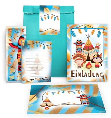 Limonia 6 Einladungskarten zum Kindergeburtstag Einladung Geburtstag Mädchen Kinder Jungs Jungen Boys Mitgebsel inkl. 6 Umschläge, 6 Tüten, 6 Aufkleber, 6 Lesezeichen, 6 Blöcke Indianer Indianerdorf