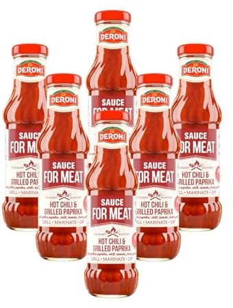 Deroni Tomatensauce Chili & gegrillte Paprika | 6er Pack im Glas x 330g | Scharfe Tomatensauce zum Grillen, Marinieren und für Soßen